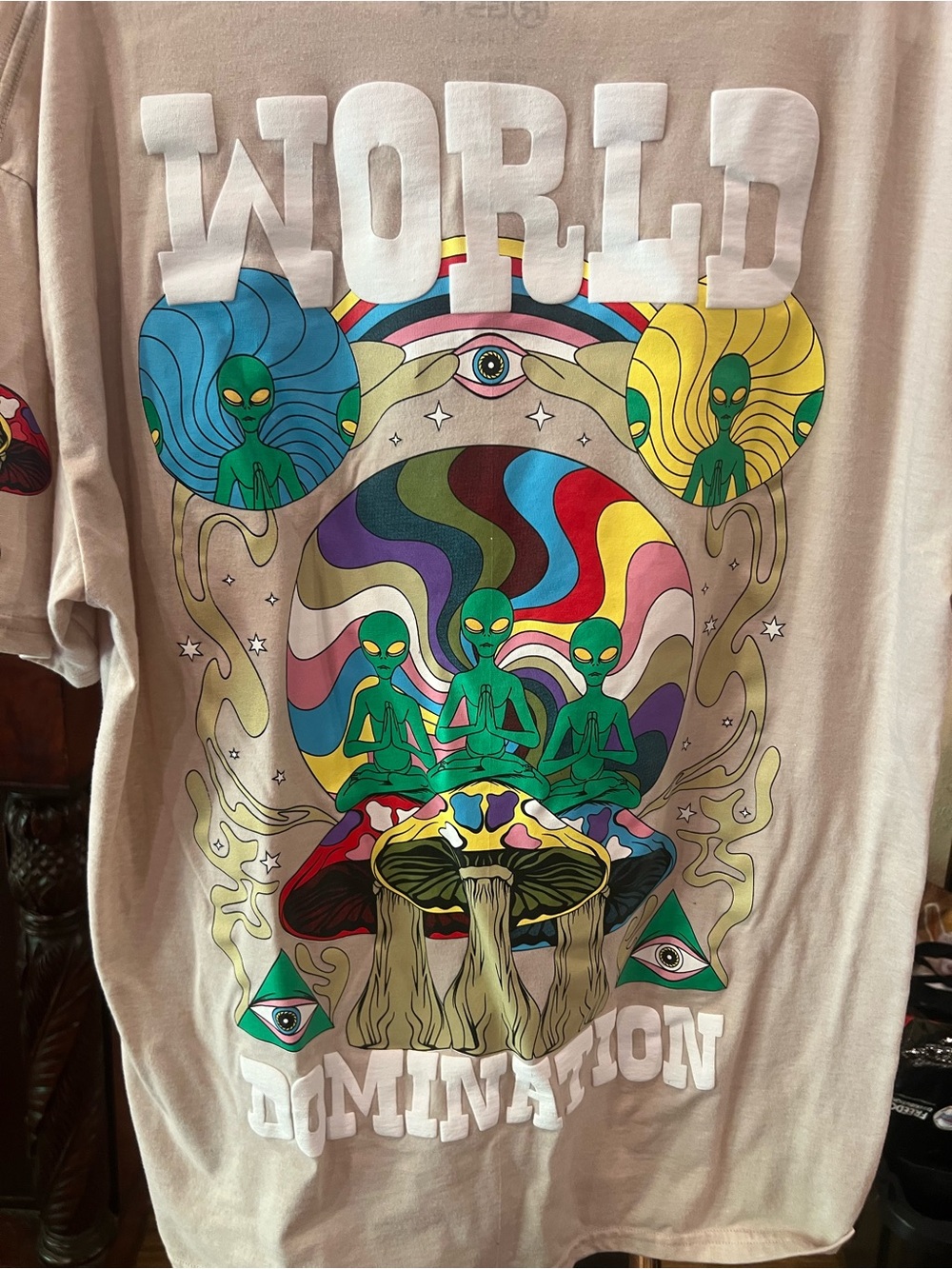 Beige World Domination Graphic Tee with Multicolor Alien Art